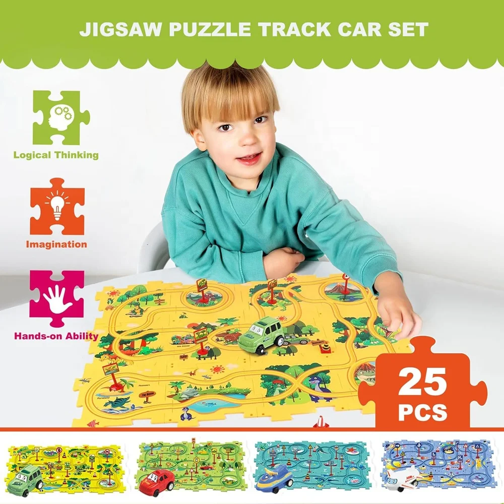 Adventure Puzzle Track Set 25pcs Sliding Track Jigsaw Rail Electric Vehicle Toy DIY Rail Car Building Set for Kids Logic Puzzle