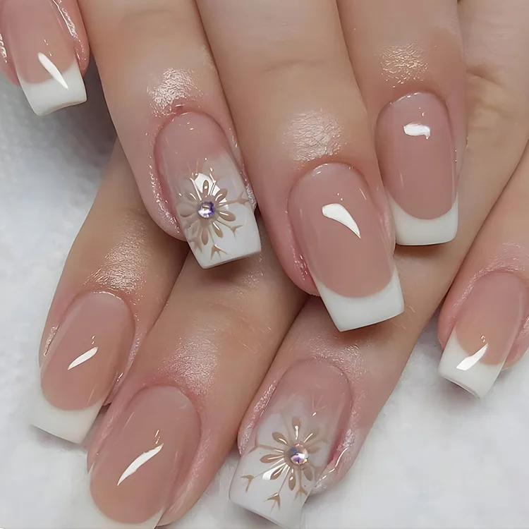 Nail Artificial Short Tips Diamond Press on Nails Full Cover Fake French Nails Set