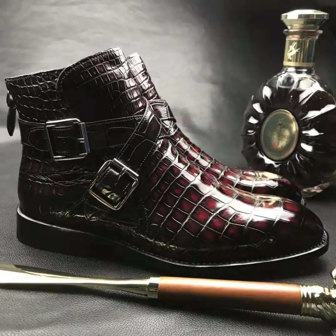 Santimon Bottines Homme Cuir Verni Crocodile Bleu/Noir – Bout Pointu, Fermeture Éclair, Élégance Urbaine