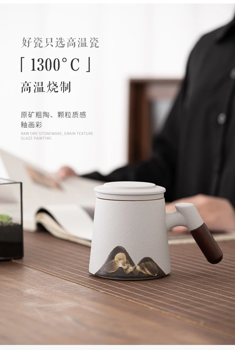 Japanese Style Yuanshan Mug Hand Drawn Ceramic Filter with Cover Liner Porcelain Coffe Cup for Tea Water Separation Coffee Gifts