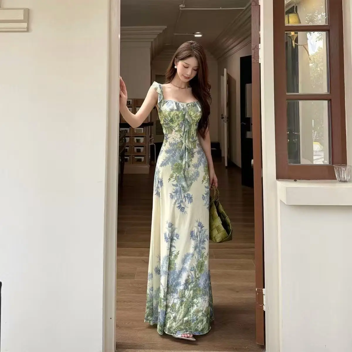 Beyouare 2026 New Monet Green Garden Dress Empire Waist Square Collar  Floral Print Long Casual Dress For Travel Leisure| Alibaba.com