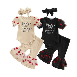 Wholesale Infant Girl Clothes Sets Heart Lace Puff Sleeve Letter Print Romper Flared Pants Bow Headband 3Pcs Baby Outfits
