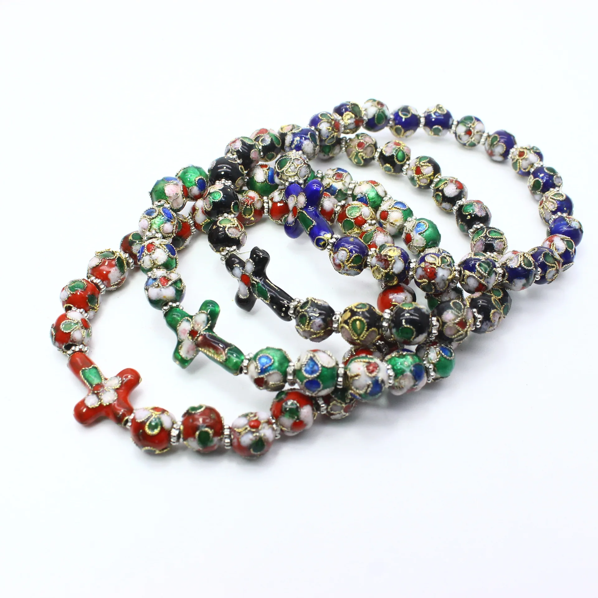 8mm Cloisonne Bead String Rosary with Cross Bracelet Gift Pure Hand Alloy Elastic String of Beads Circle Wristlet