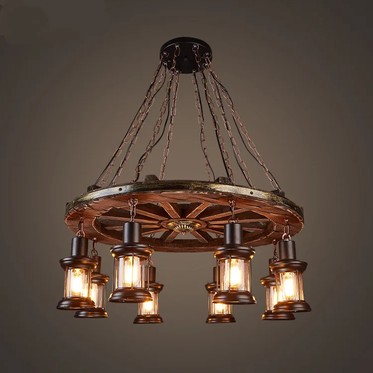 Country style LED  pendant lamp carved wooden wheel chandeliers 8-lights