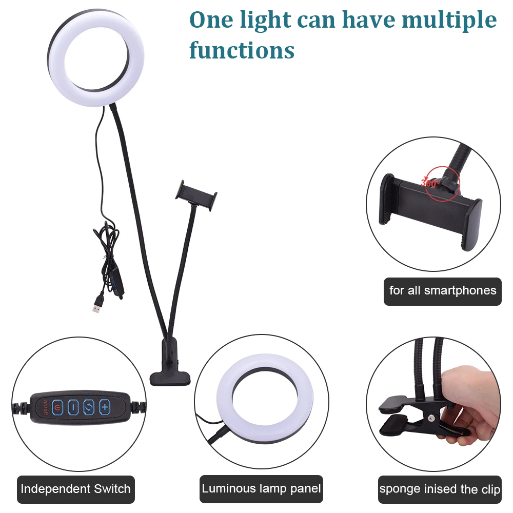 Free shipping to USA Live Fill Light Desktop Clip Light LED ring light with phone holder selfie