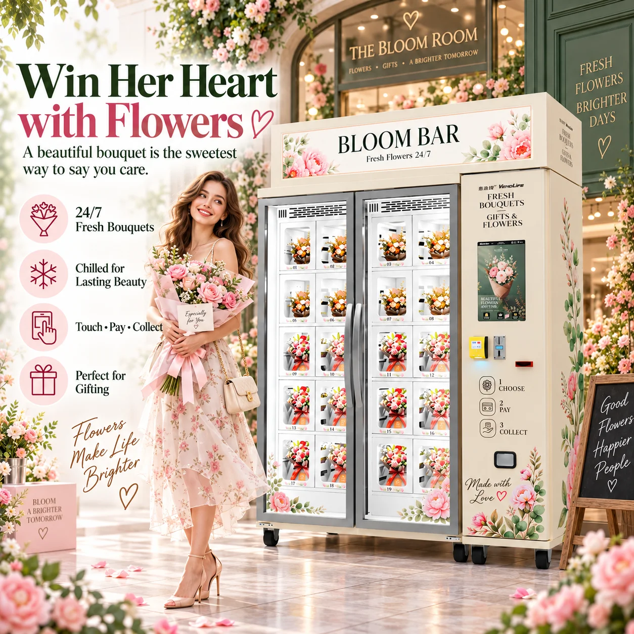 Factory 24/7 Service Flower Vending Machine SDK 20-Locker Capacity Long-lasting Freshness Cloud-Based Management Touchscreen
