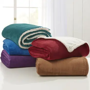Wholesale 2 Ply Reversible Puffy Sherpa Throw Fleece Blanket, Custom Solid Thick Poly Warm Winter Flannel Blanket