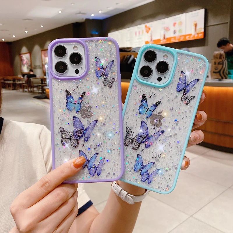 Bling Phone Case for iPhone 16 15 14 13 12 11 Pro Max Mini Girls Cute New Laser Epoxy Star Glitter Butterfly Phone Cases