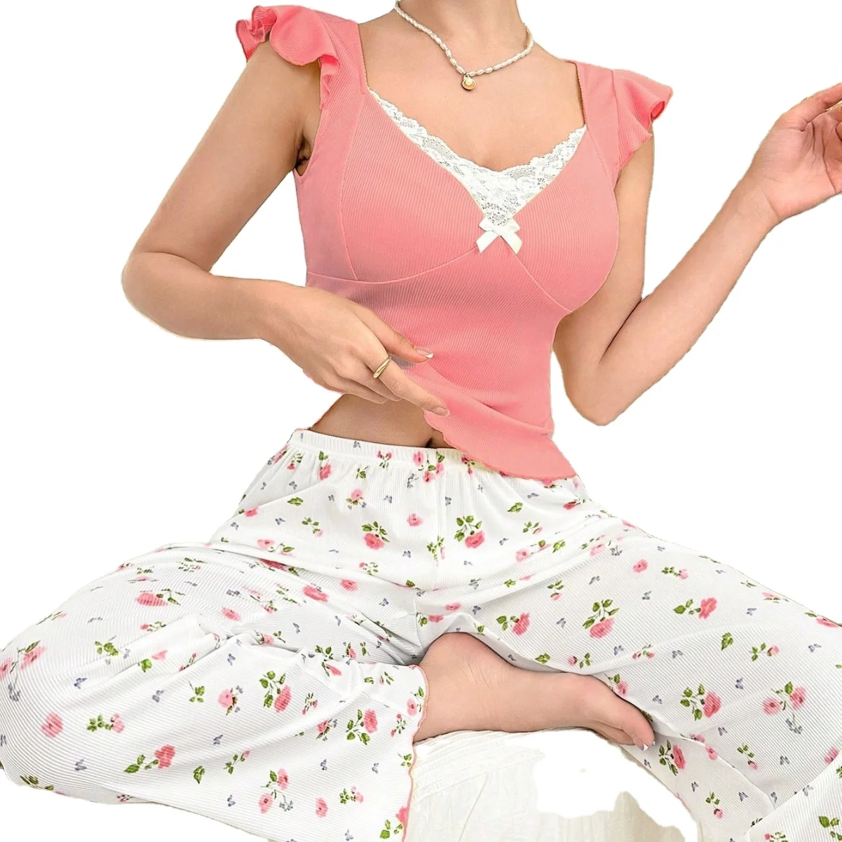 European American Women's Satin Elastic Waist Floral Print Long Pants Ruffled Casual Breathable Ribbed Pajamas