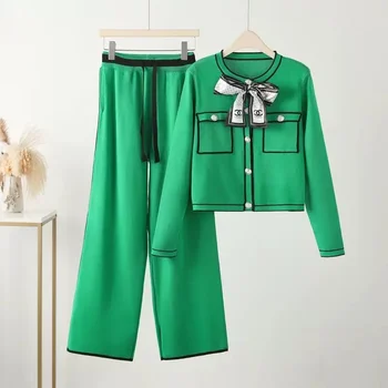 Color Contrast Fashion Set Women's Spring and Autumn Knitted Cardigan Wide-leg Pants Women's Streetwear Sets