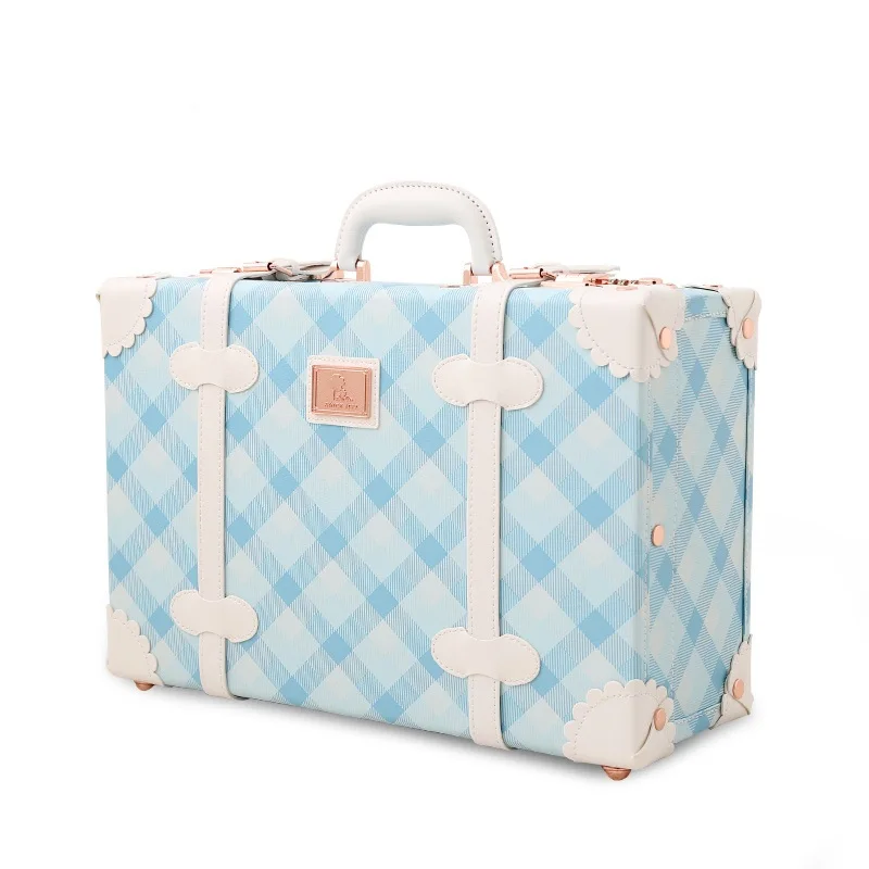 Handmade 18-Inch Retro Lock Handle Suitcase Vintage Pink PU Leather Travel Bag with Straps