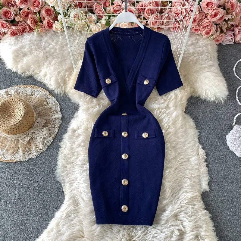 Wholesale V Neck Short Sleeved Knit Jersey Bodycon Dress