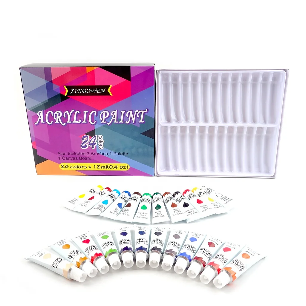 
 Набор из 24 трубок для акриловой краски, 12 мл, 24 цвета, с кисточкой и лотком для краски  