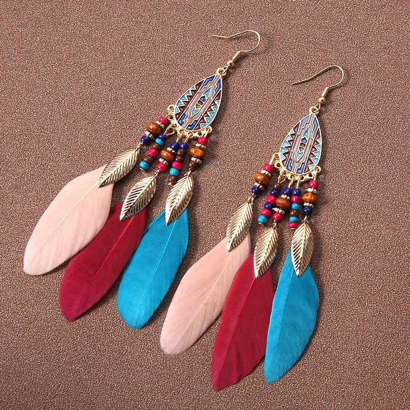 Charming Tassel Water Drop Feather Earrings Boho Seed Beaded