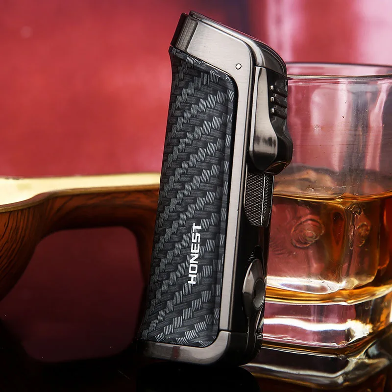 Honest Metal Cigar Lighter with Cigar Cutter Three Blue Flame Gas Refillable Windproof Minimalist Design for Presents
