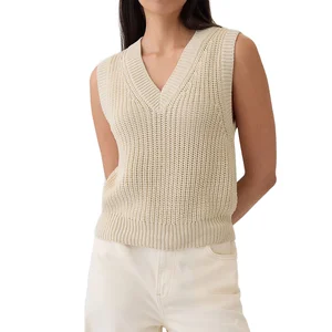 OEM Custom Vintage Autumn Button  Knitted V-Neck Sleeveless Sweater Vest for Women