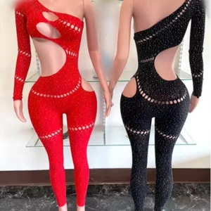 Viviblook Z702JP01 Sexy Rhinestone Slash Shoulder See Through Hollow Out Jumpsuit Women Bodycon