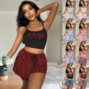New Camisole Pajamas, Women's Drawstring Shorts Set, Letter Striped Printed Women's Home Clothing, Can Be Worn Externally