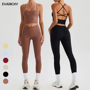 Evaricky Wholesale High Quality Yoga Tops and Pocket Leggings Set Breathable Active Wear Yoga Clothing 2 Piece Workout Set