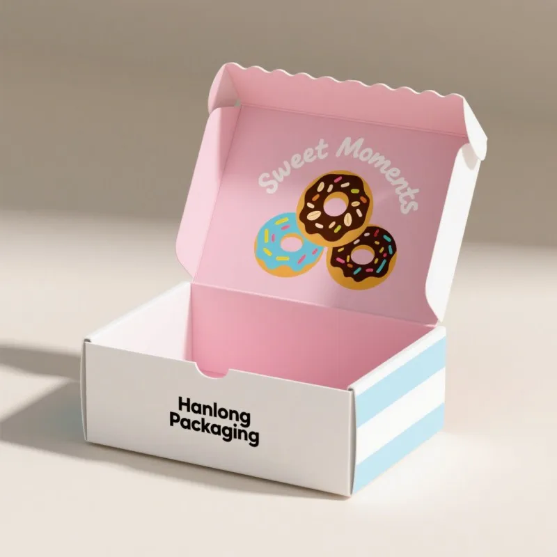 Boîtes d'emballage pour beignets avec impression personnalisée en couleurs, imprimées en usine, emballages et supports pour beignets, boîte en papier pour la livraison à emporter de beignets