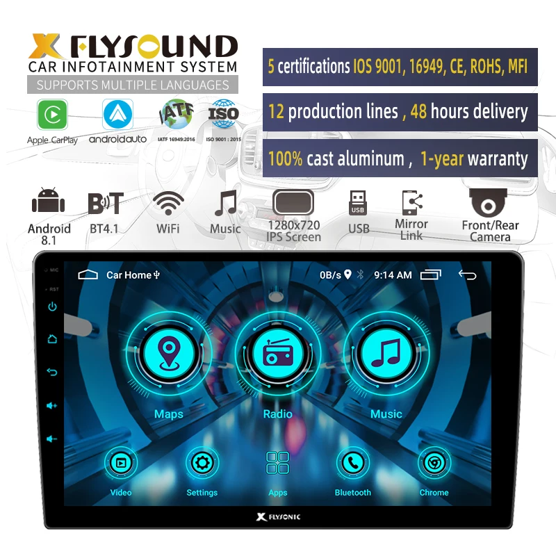 Flysonic Customized 1G+16G Memory 10.1 Inch Multi-media Double Din MP5 Player Built -in BT, GPS, Android Version 10.0  Car Video