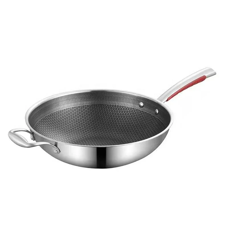 Hoement - Wok Acier Inoxydable Antiadhésif Nid D'Abeille - Double Poignée - Compatible Induction - Diamètre ~32 Cm