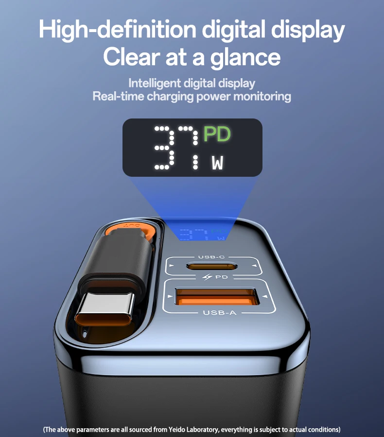 Yesido GaN 67W Fast Charging Three Ports Built-in 65CM Retractable Cable UK Plug Travel Charger YC146