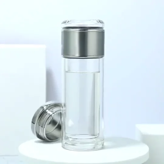 Round Drinking Glass Double Layer Glass Water Bottle With Tea Infuse