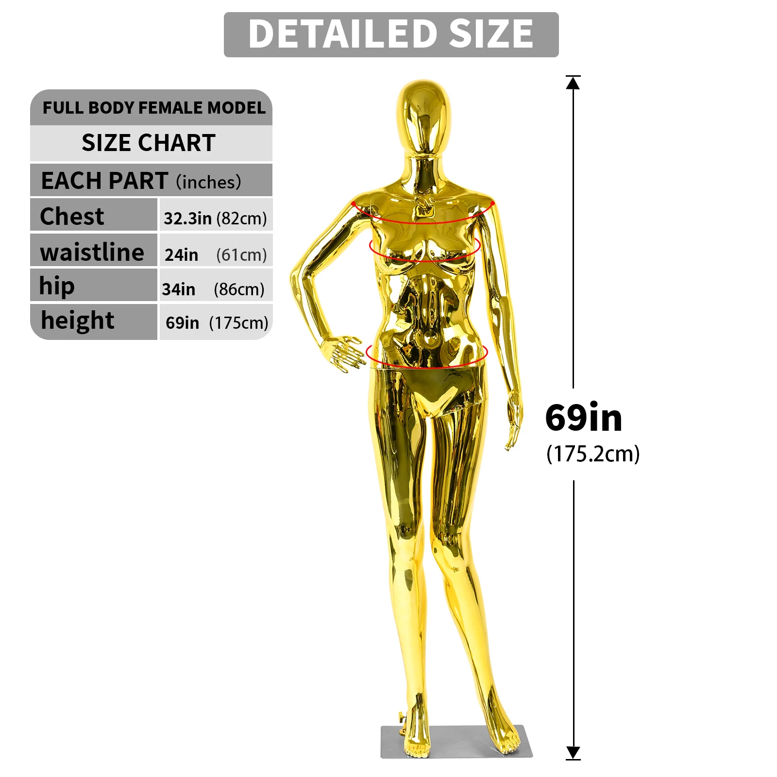 Gold Chrome Full Body Mannequin 175cm Height Dummy Mannequin Good