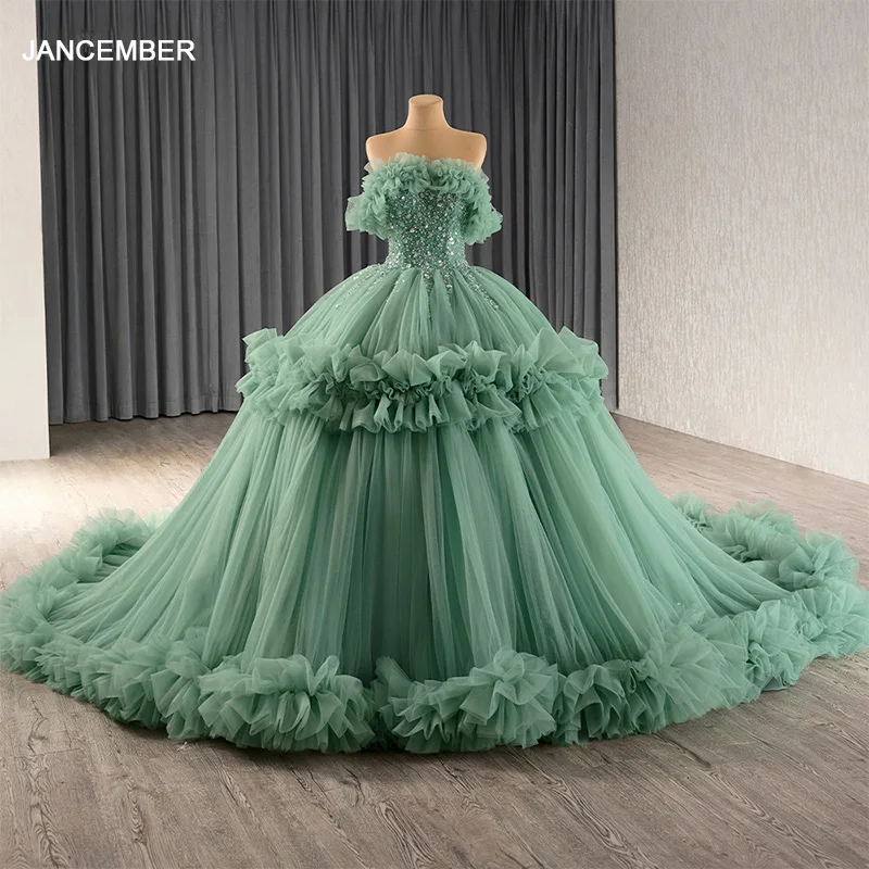 green poofy dress Long Sage Tulle Puffy Sleeves Formal Dress