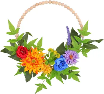Artificial Wood Bead Spring Wreath for Front Door Artificial Flower Wreath Wedding Holiday Party Home Garden Wall Decoration