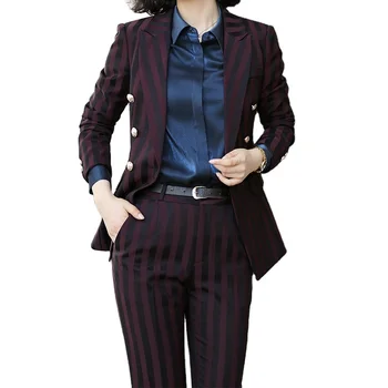 High-quality Soft 2 Piece Suit Set Striped Pant Suits Plus Size Blazer Office Lady Women Business Jacket Ankle-Length Trouser