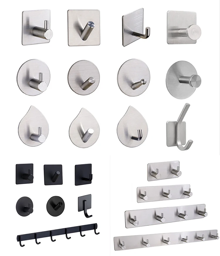 Kitchen Stainless Steel Metal 3m Self Adhesive Shower Clothes Robe Coat Clothing Bathroom Wall Towel Hook Black