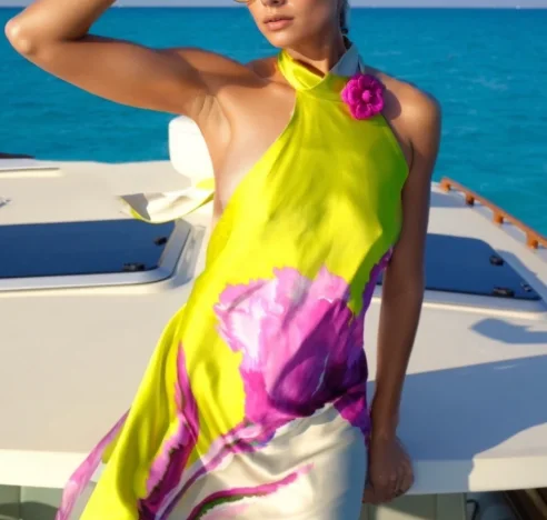 Wearable Masterpieces Hand-Painted Designer Flora Silk Gown Dress for Women Made in Pakistan