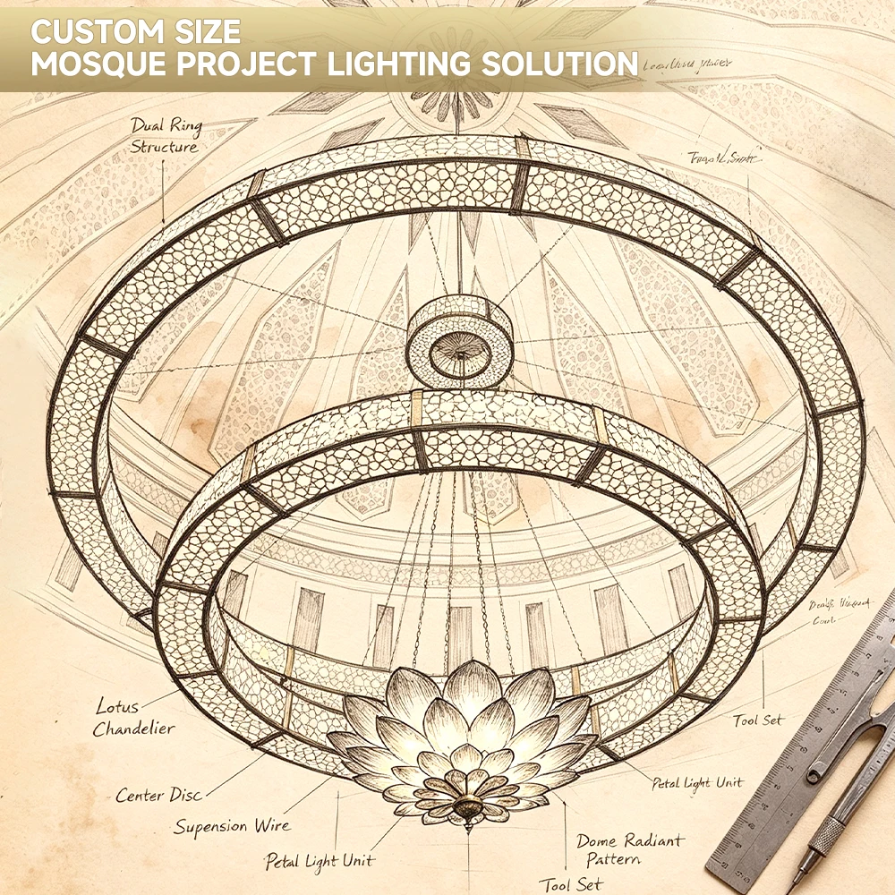 cpl-003 Custom Islamic Mosque Chandelier – Heavy-Duty LED Art Installation for Large Prayer Hall Project