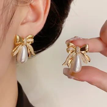 Brass Gold-plated Luxury Fashion Drop Pearl Earrings Anti-allergy Exaggerated Wedding Earrings Wholesale