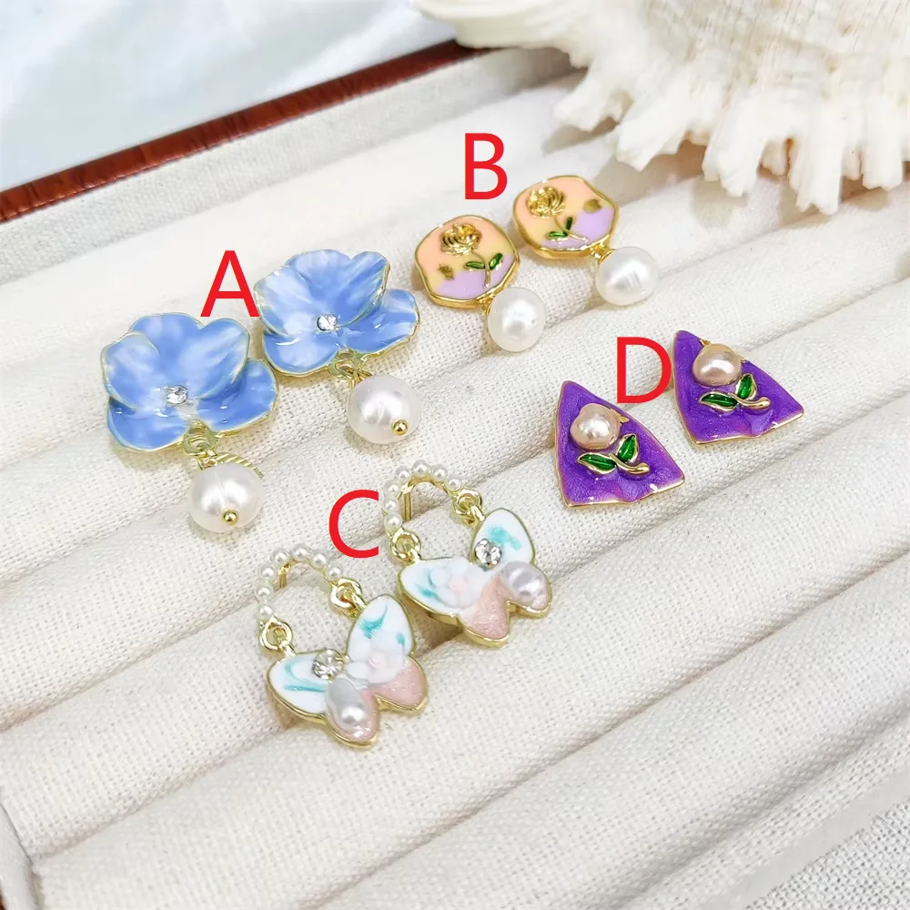 Genuine Cultured Pearl Jewelry Enamel Flower Pendant Earrings Natural  Gemstone Gold Plated Stud Real Pearl Butterfly Earrings - Main Image