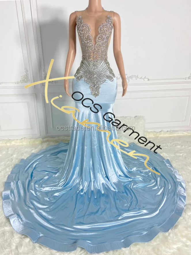 Ocstrade Sky Blue Ball Gown Prom Dresses Black Girls Evening Gowns Sexy Rhinestone Mermaid Wedding Dress Bridal Party Maxi Dress