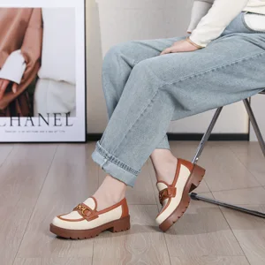 New Fashion Formal Slip-On Thick Heel Enhancer Genuine Leather High Pumps Women Shoes White and Brown Design Ladies Loafers