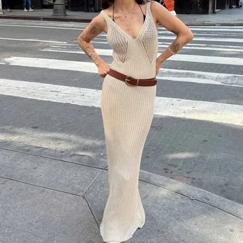 2025 Summer Style Women's Casual New Cut-See-Through Suspender Knitted V-Neck Sleeveless Top with Alloy for Buckle and Cow Hide