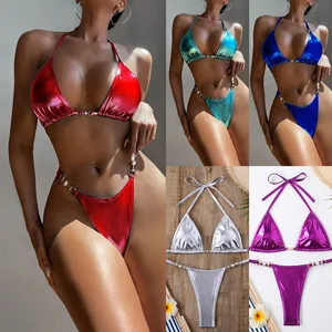 Women's Sexy Two-Piece Bikini Swimsuit Eco-friendly Spandex/Polyester Shiny Solid Color for Beach and Pool Summer Wear