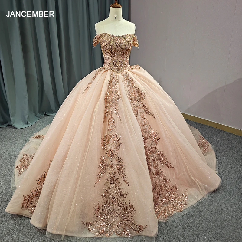 orange and gold quinceanera dresses Gold Beaded Wedding Dresses Ball Gown Off the Shoulder Quinceanera Dre –  Viniodress