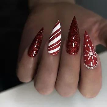 24 pcs Christmas candy stripe snowflake design glitter and rhinestones Acrylic Press On Nails customize false nails 3461