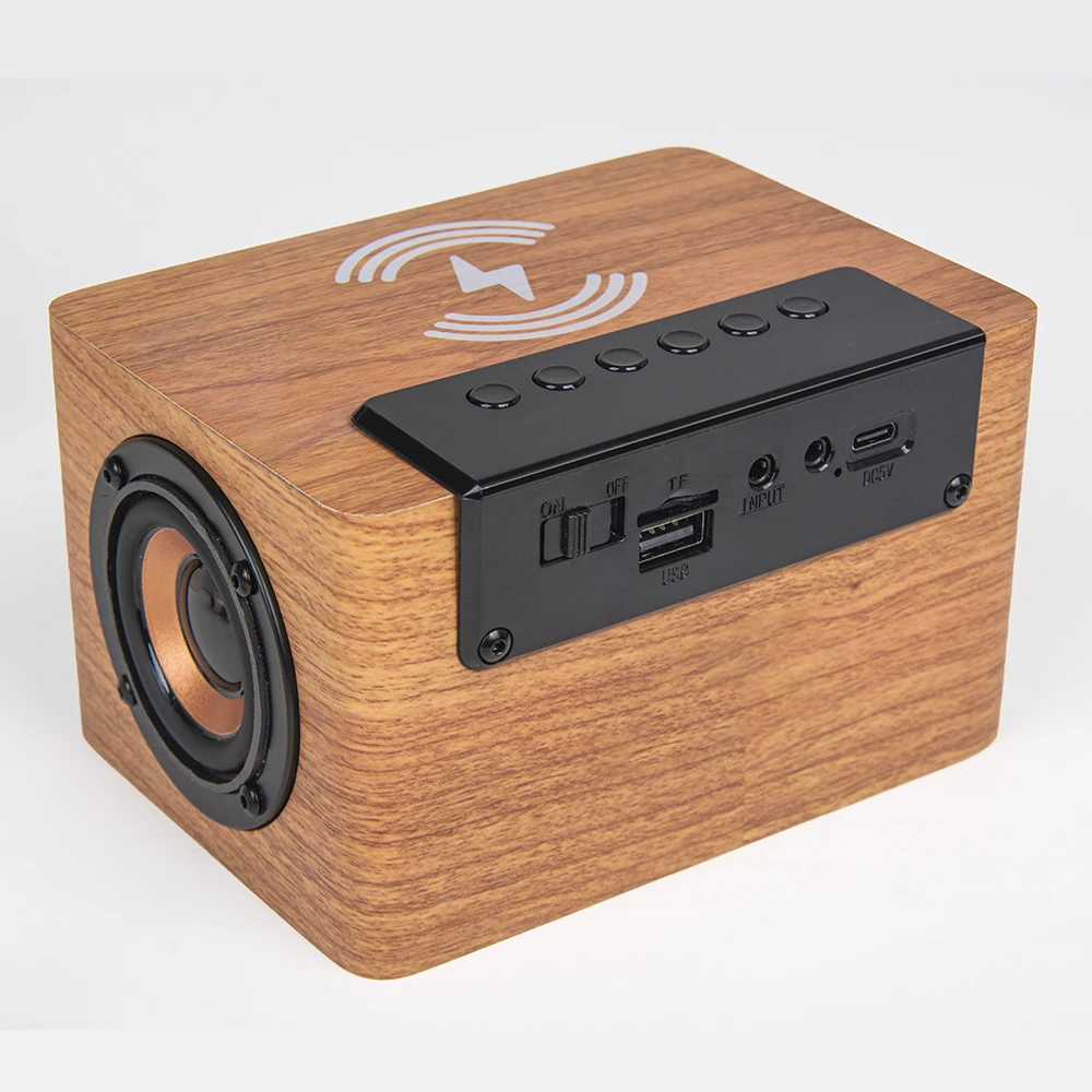 KENUO Multi-function Desk Wooden Pattern  Digital Alarm Clock 10W Wireless Charger Speaker