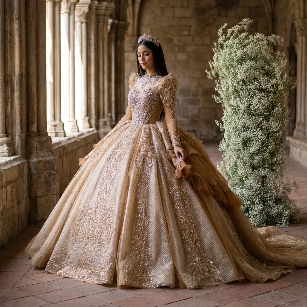 Brown Modern Ball Gown Floor-Length Quinceanera Dress Sweet 15 Sequined  Beading Lace Backless Chapel Train Evening Party XS178