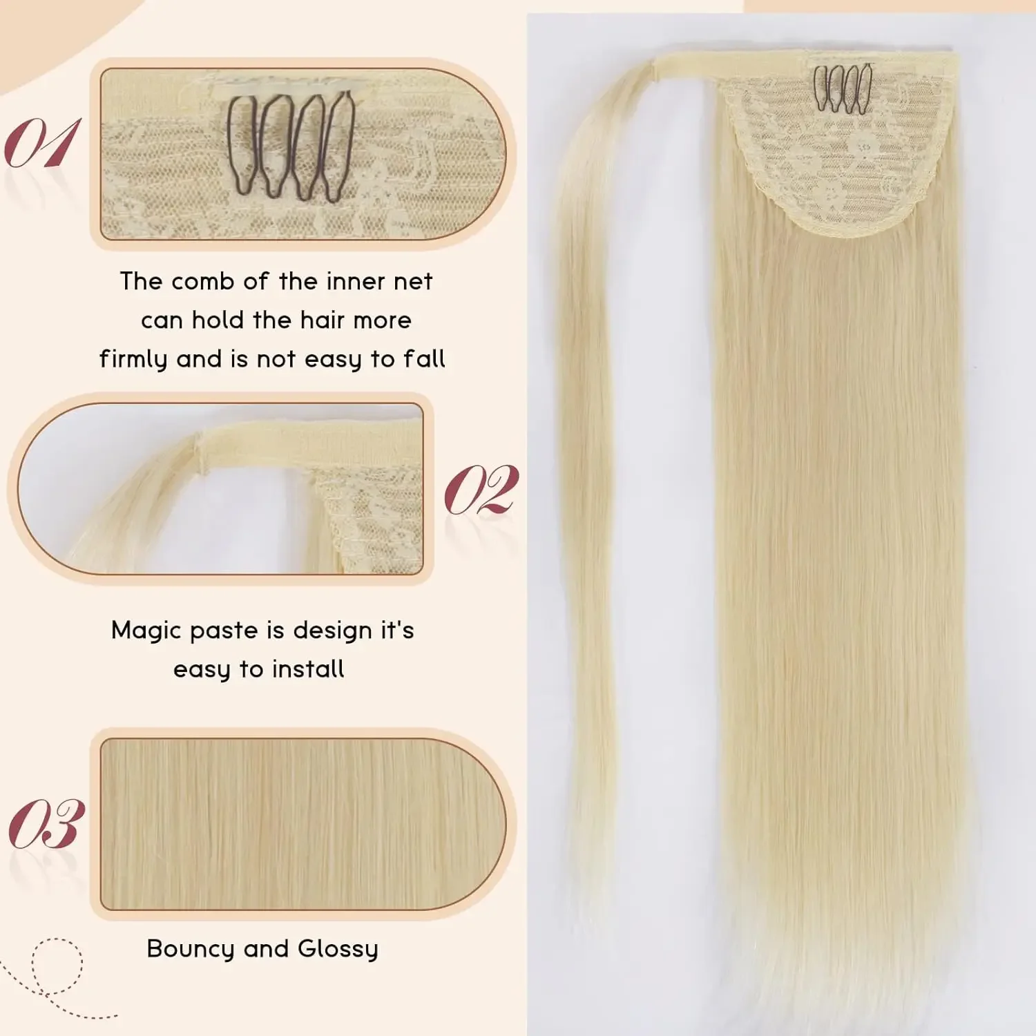 Extension per capelli a coda di cavallo 100% veri capelli umani lisci naturali pezzi unici biondo decolorato_voghion.com