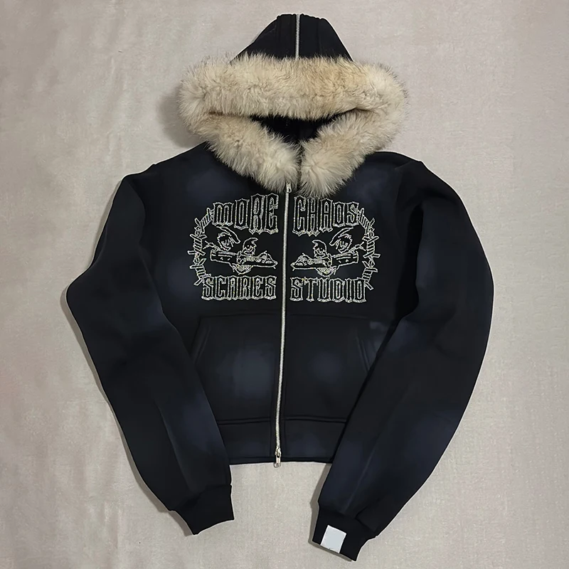 Custom Y2K Zip Up Faux Fur Hoodie for Men | Boxy Fit Winter Jacket