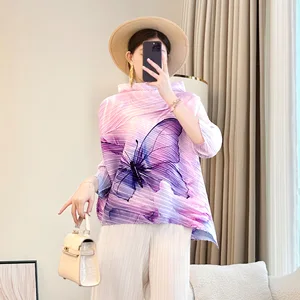 Mom's Top 2026 Spring Summer Collection Loose Miyake Pleated T-Shirt Slimming Age-reducing Lazy Style Printed Knitted Polyester