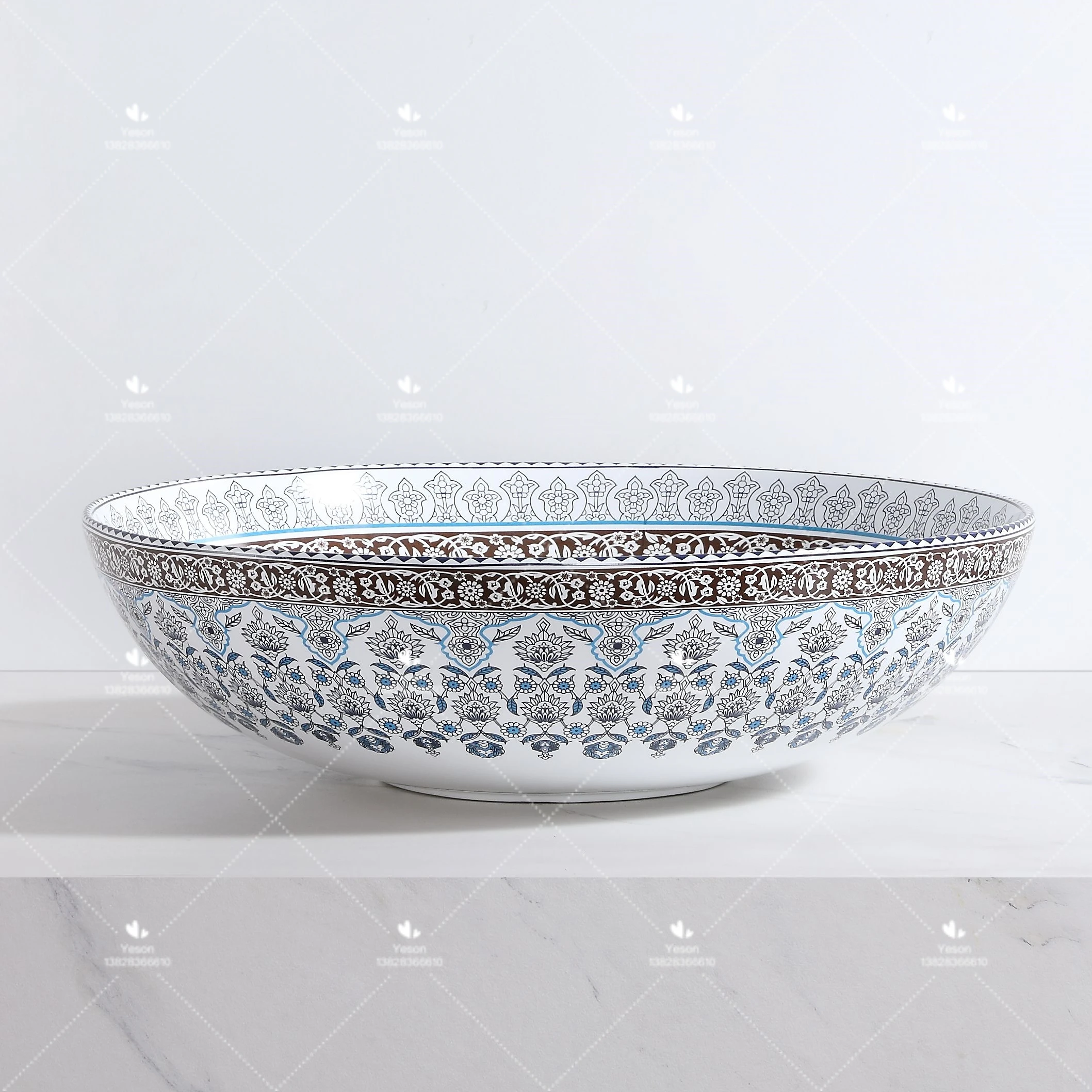 Full Flower Pattern Round Shape Porcelain Countertop Hand Wash Basin Ceramic Table Top Lavabo Art Sink for Bathroom