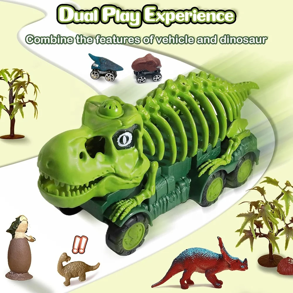 Camion Dinosaure Jouet Avec Lanceur, Sons Et Lumières – Coffret Géant Avec 6 Figurines, 4 Mini-Voitures, Tapis De Jeu, Œufs Et Arbres – Cadeau Parfait Pour Enfants De 3 à 7 Ans